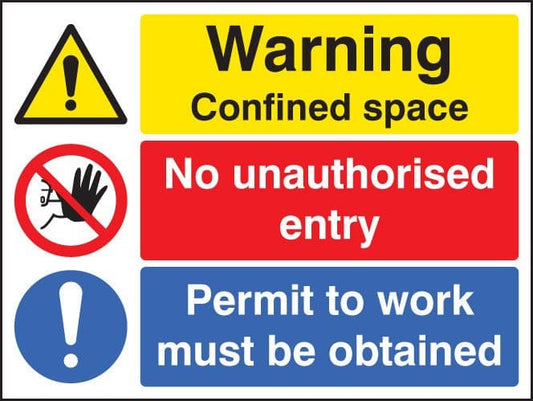 26264H Warning confined space no entry permit to work Self Adhesive Vinyl (300x250mm) Safety Sign