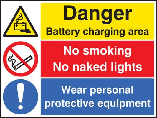 26278Q Battery charging area, wear PPE, no smoking, no naked lights Self Adhesive Vinyl (600x450mm)