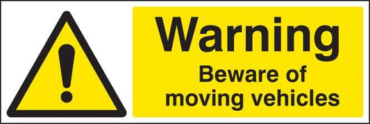 26459G Warning beware of moving vehicles Self Adhesive Vinyl (300x100mm) Safety Sign