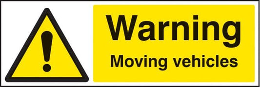 26504G Warning moving vehicles Self Adhesive Vinyl (300x100mm) Safety Sign