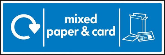 26636G WRAP Recycling Sign - Mixed Paper & Card Self Adhesive Vinyl (300x100mm) Safety Sign