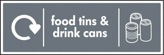26646G WRAP Recycling Sign - Food tins & drink cans Self Adhesive Vinyl (300x100mm) Safety Sign