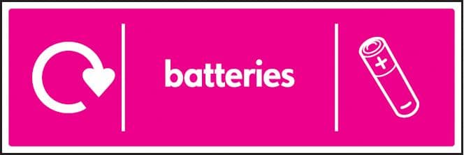 26662G WRAP Recycling Sign - Batteries Self Adhesive Vinyl (300x100mm) Safety Sign