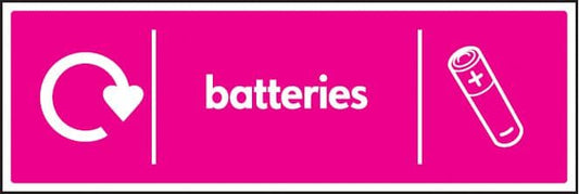 26662G WRAP Recycling Sign - Batteries Self Adhesive Vinyl (300x100mm) Safety Sign