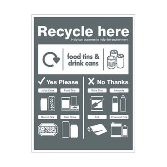 26677H Food tins and drink cans - WRAP Recycle here sign sign - Self Adhesive Vinyl (300x250mm)