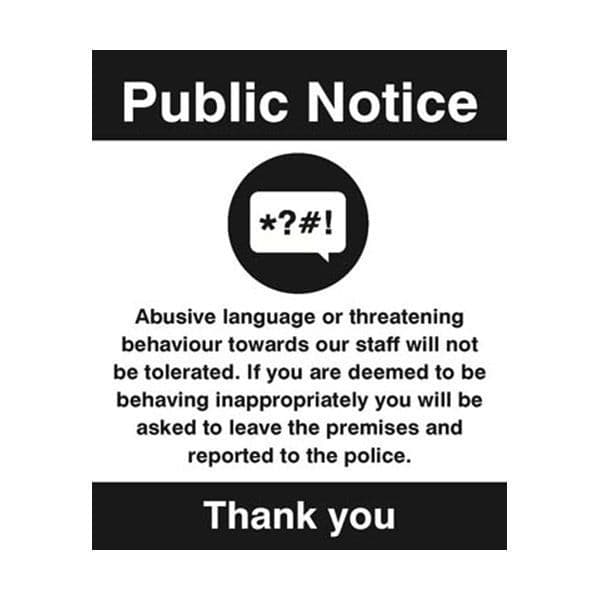 27112H Abusive language or threatening behaviour will not be tolerated sign - S/A (300x250mm)