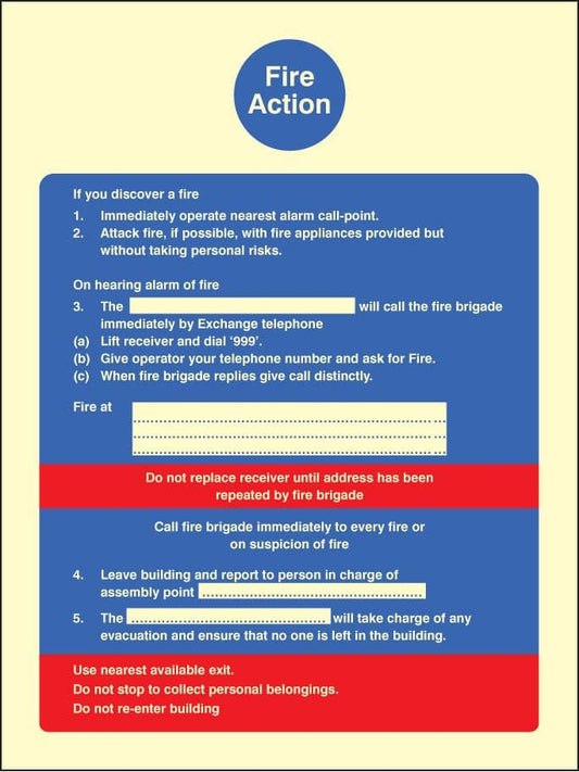 31401E Fire action (fire service dialled manually) Photoluminescent Rigid (200x150mm) Safety Sign