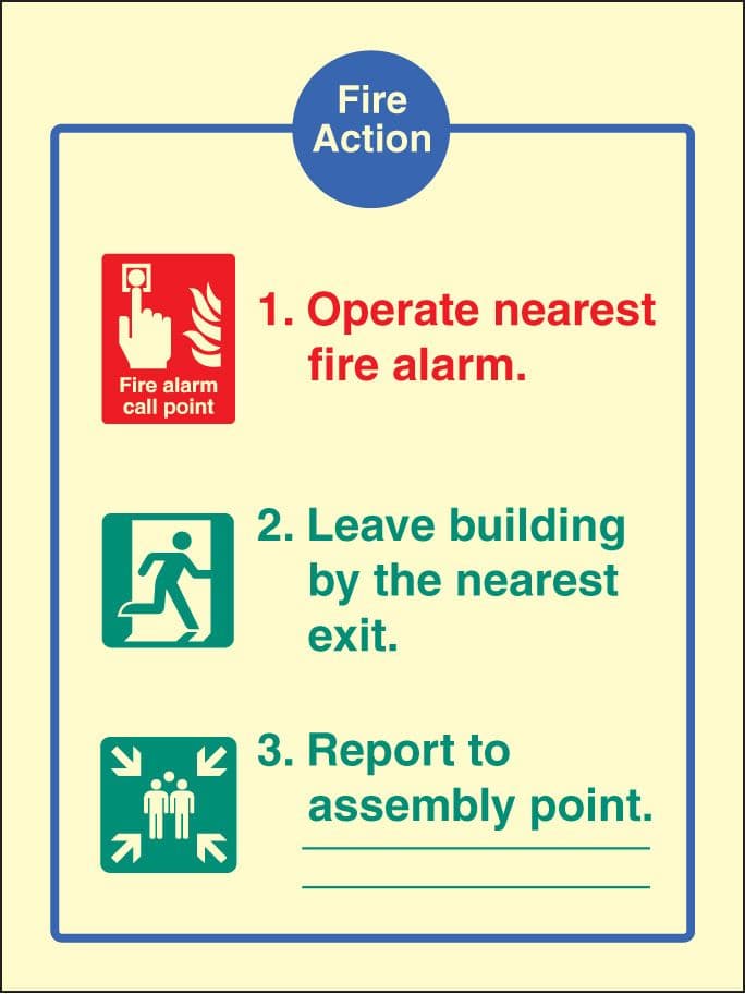 31405H Fire action - EEC (fire service dialled automatically) Photoluminescent Rigid (300x250mm)