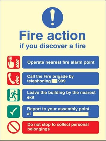 31420H Fire action manual dial without lift Photoluminescent Rigid (300x250mm) Safety Sign