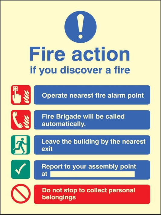 31429H Fire action auto dial without lift Photoluminescent Rigid (300x250mm) Safety Sign