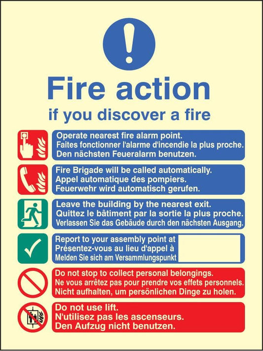 31435E Multi-lingual fire action auto with lift Photoluminescent Rigid (200x150mm) Safety Sign