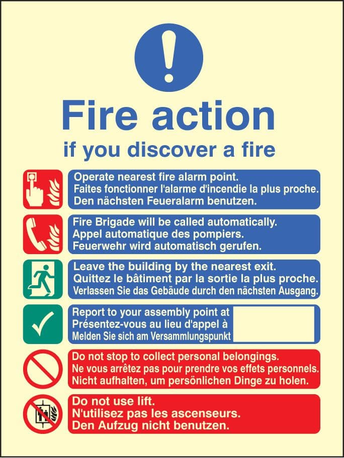 31435H Multi-lingual fire action auto with lift Photoluminescent Rigid (300x250mm) Safety Sign