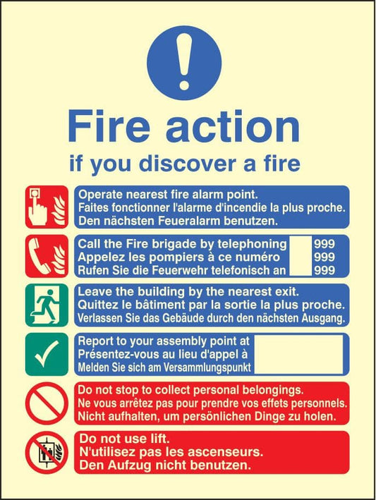31436H Multi-lingual fire action manual lift Photoluminescent Rigid (300x250mm) Safety Sign