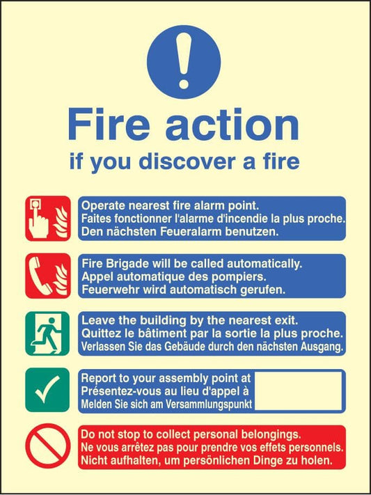 31437E Multi-lingual fire action manual no lift Photoluminescent Rigid (200x150mm) Safety Sign