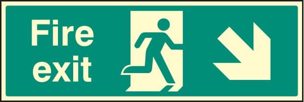 32006L Fire exit - down and right Photoluminescent Rigid (450x150mm) Safety Sign