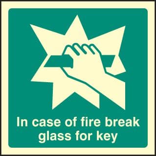 32044U In event of fire break glass for key Photoluminescent Rigid (100x100mm) Safety Sign