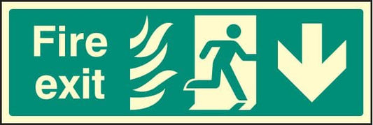 32092G Fire exit down photo HTM Photoluminescent Rigid (300x100mm) Safety Sign