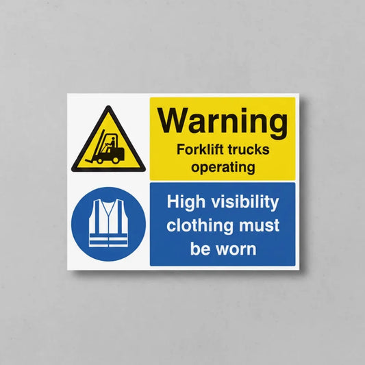 Warning forklift trucks operating high visibility clothing must be worn