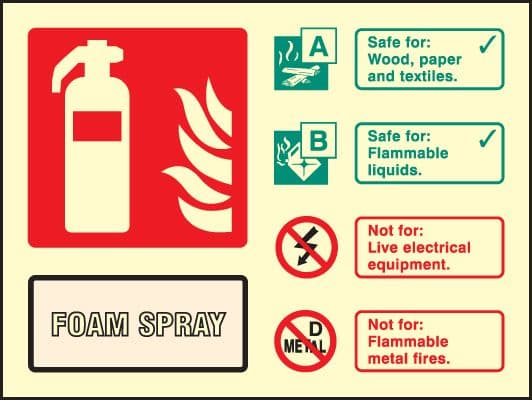 41234E Foam spray extinguisher identification Photoluminescent S/A Vinyl (200x150mm) Safety Sign