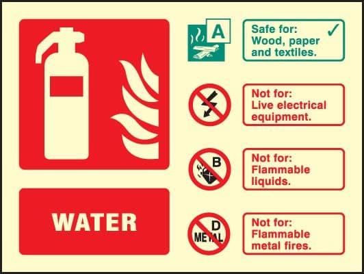 41237E Water extinguisher identification Photoluminescent S/A Vinyl (200x150mm) Safety Sign