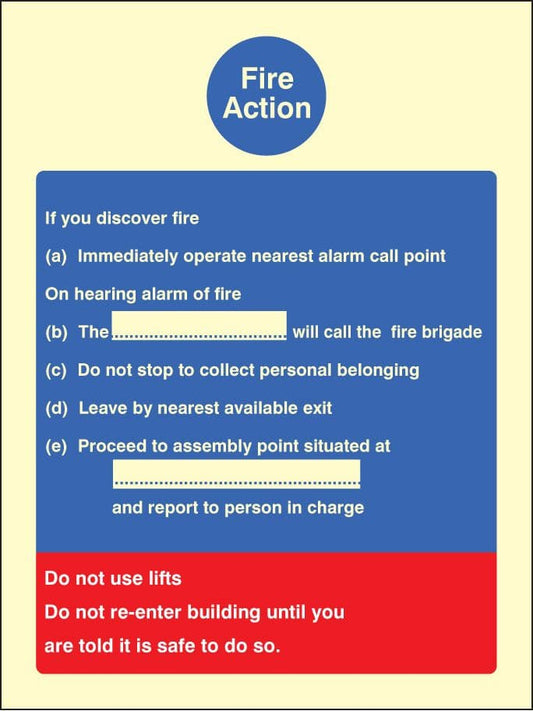 41403E Fire action standard (fire service dialled manually) Photoluminescent S/A Vinyl (200x150mm)