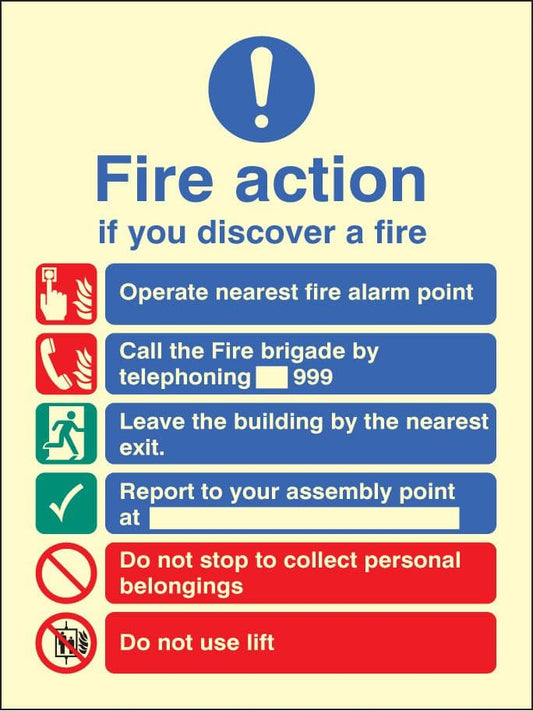 41419E New EEC fire action (manual call 999) Photoluminescent S/A Vinyl (200x150mm) Safety Sign