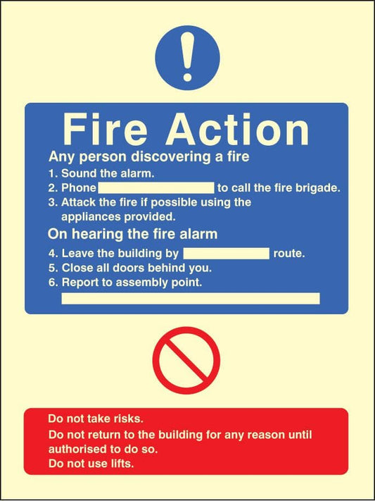 41432H General fire action with lift Photoluminescent S/A Vinyl (300x250mm) Safety Sign
