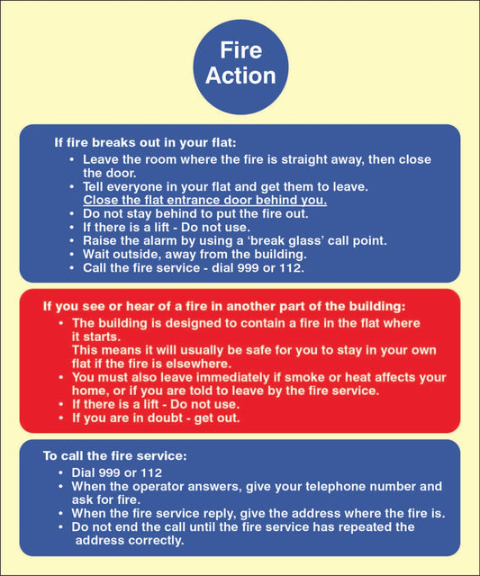 41438E Fire action notice (stay put) for flats Photoluminescent S/A Vinyl (200x150mm) Safety Sign