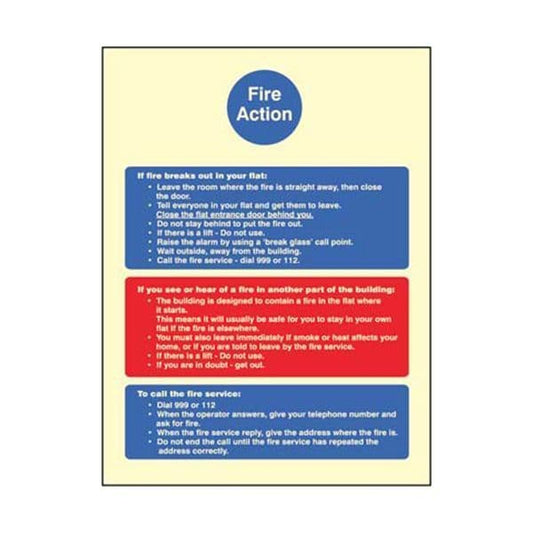 41438H Fire action notice (stay put) for flats sign - Photoluminescent S/A Vinyl (300x250mm)