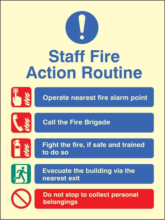 41439H Staff fire action Photoluminescent S/A Vinyl (300x250mm) Safety Sign