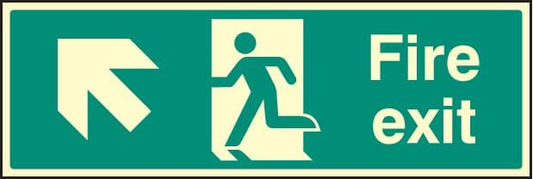 42001G Fire exit - up and left Photoluminescent S/A Vinyl (300x100mm) Safety Sign