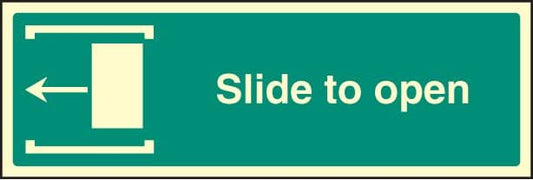 42045G Slide to open left Photoluminescent S/A Vinyl (300x100mm) Safety Sign