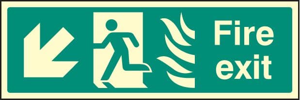 42086L Fire exit down left photo HTM Photoluminescent S/A Vinyl (450x150mm) Safety Sign
