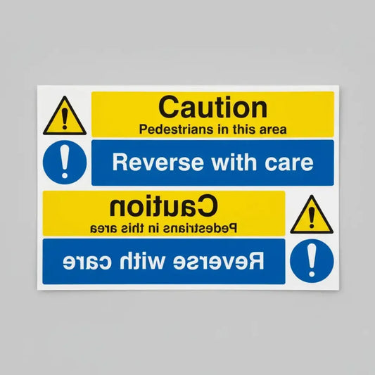 Caution pedestrians reverse with care reflection sign