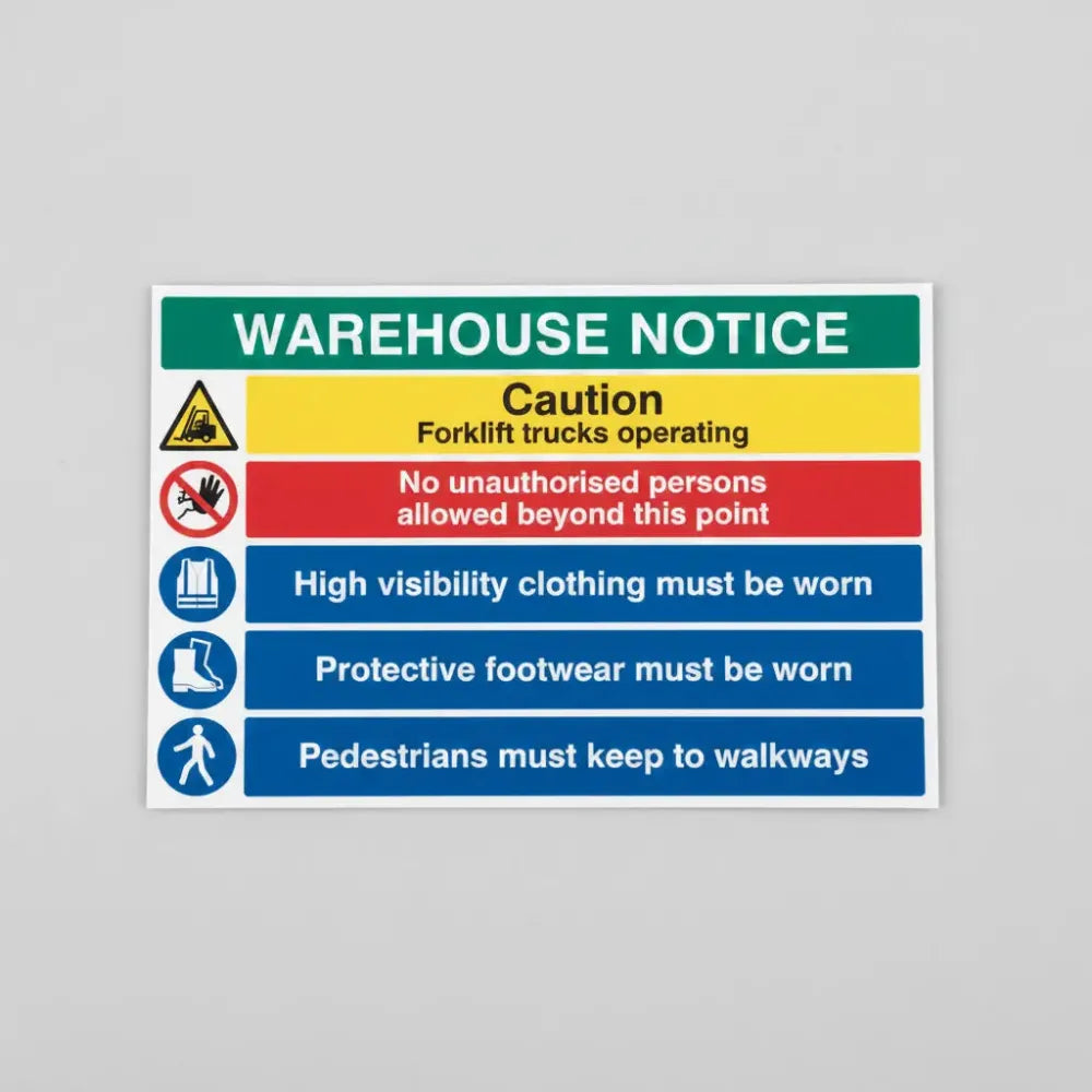Warehouse Safety Caution forklift trucks, hivis, boots must be worn