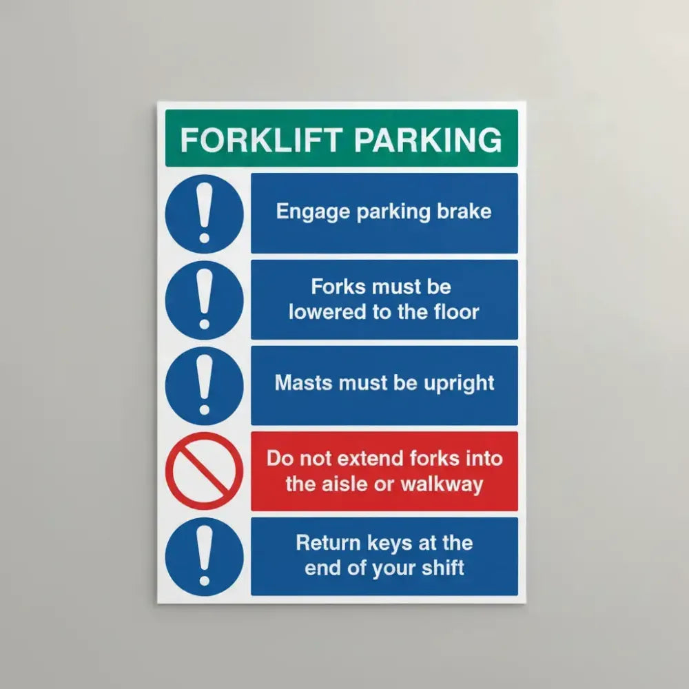 Forklift Parking Engage brakes, lower forks, return keys