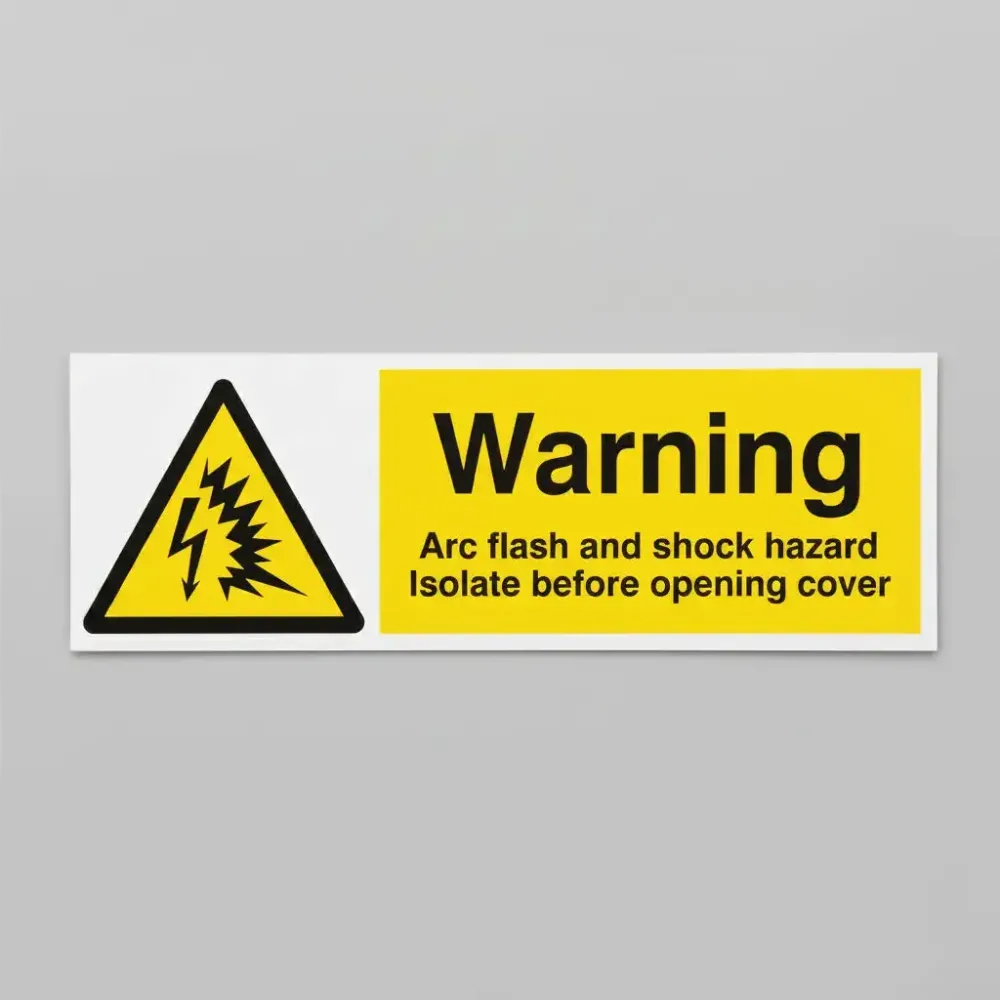 14321G Warning Arc flash and shock hazard Isolate before opening cover Rigid Plastic (300x100mm) Safety Sign