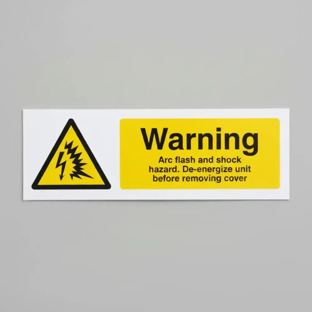 24322E Warning Arc flash and shock hazard De-energize unit before removing cover Self Adhesive Vinyl (200x150mm) Safety Sign