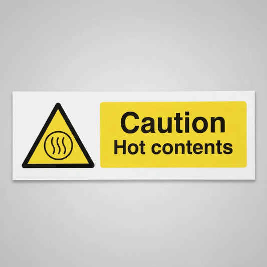 14340A Caution Hot contents (semi rigid pvc safety sign) Rigid Plastic (75x100mm) Safety Sign