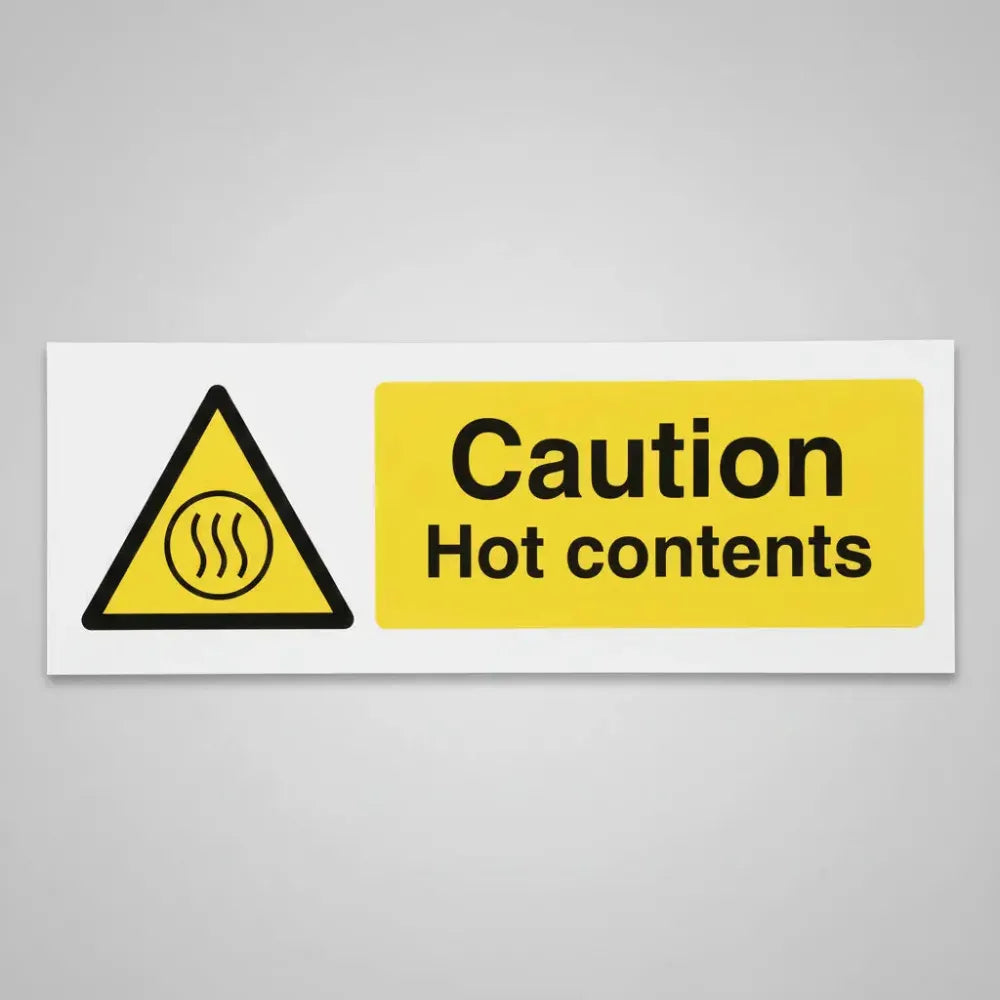 14340G Caution Hot contents (semi rigid pvc safety sign) Rigid Plastic (300x100mm) Safety Sign