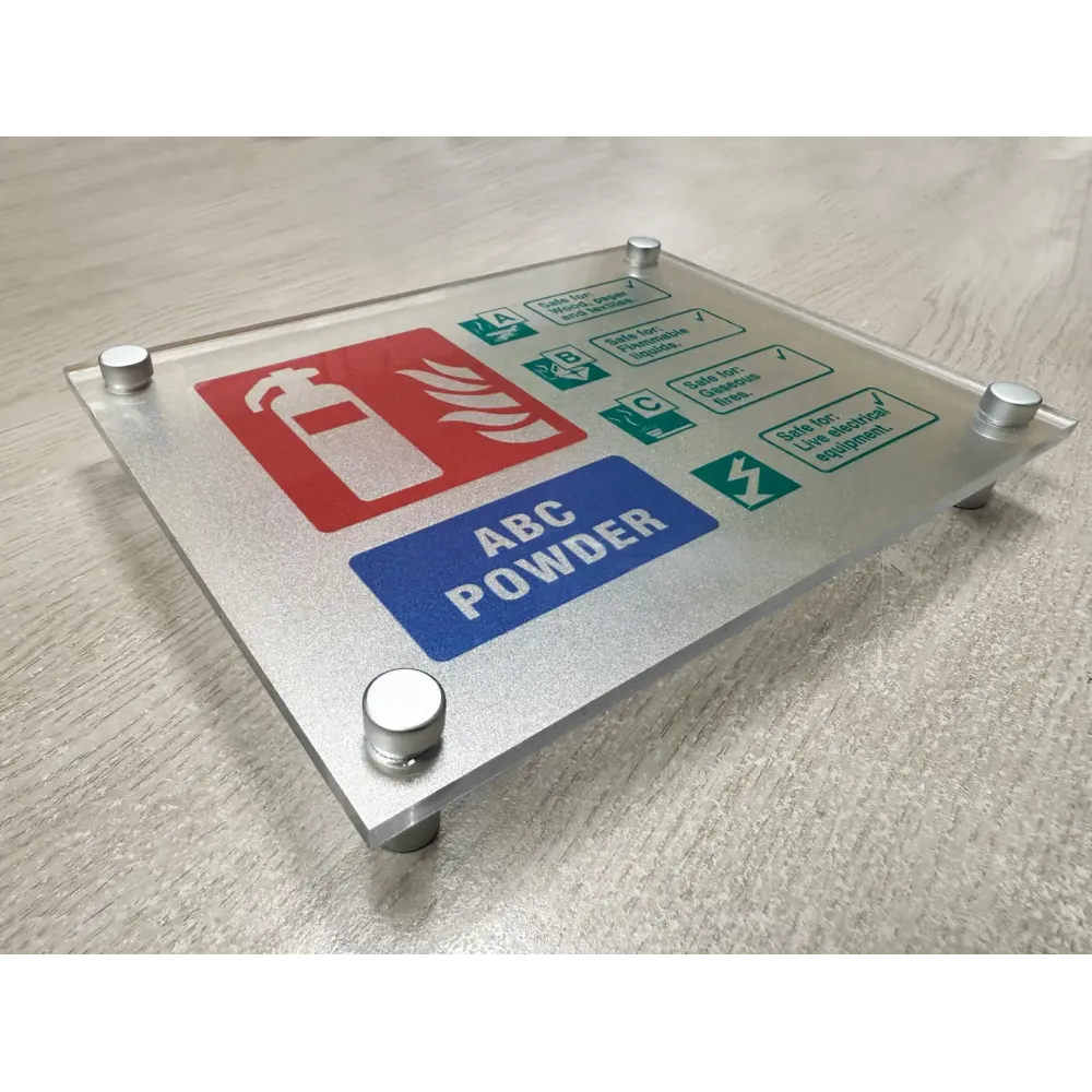 Fire ID - ABC Powder visual impact sign 200x150mm c/w stand off locators