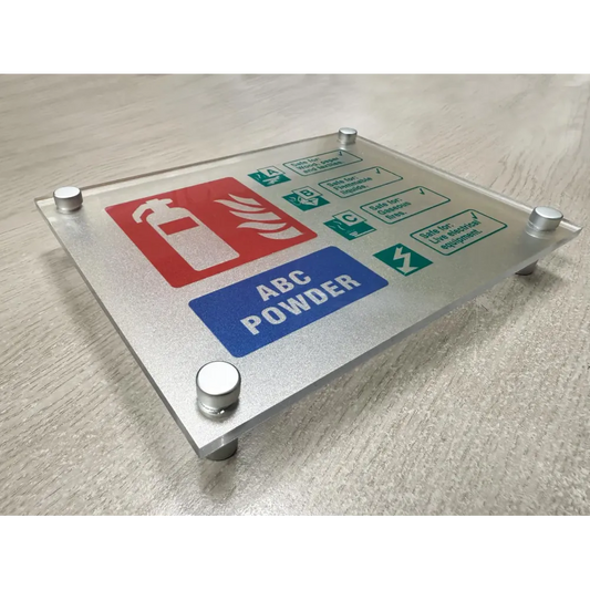 Fire ID - ABC Powder visual impact sign 200x150mm c/w stand off locators