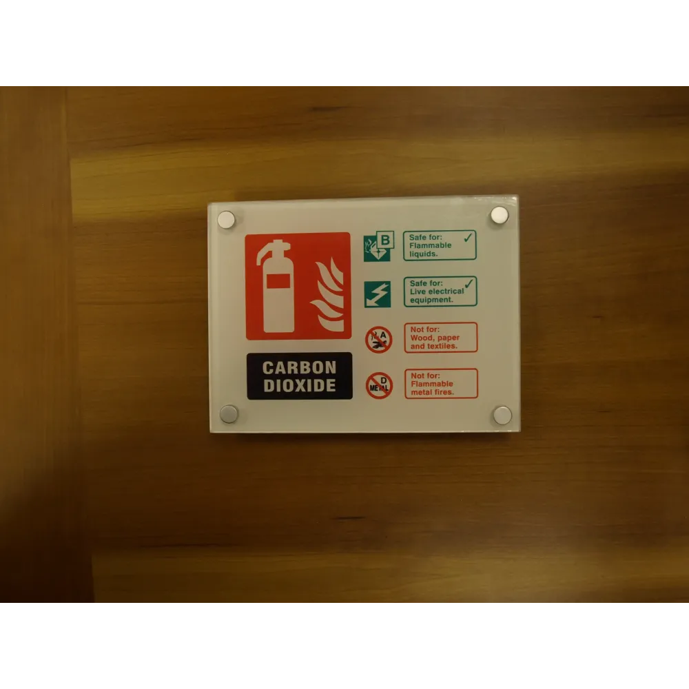 Fire ID - CO2  visual impact sign 200x150mm c/w stand off locators