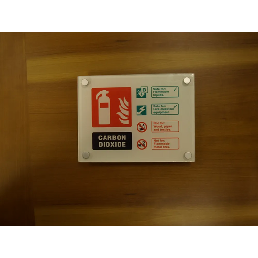 Fire ID - CO2  visual impact sign 200x150mm c/w stand off locators