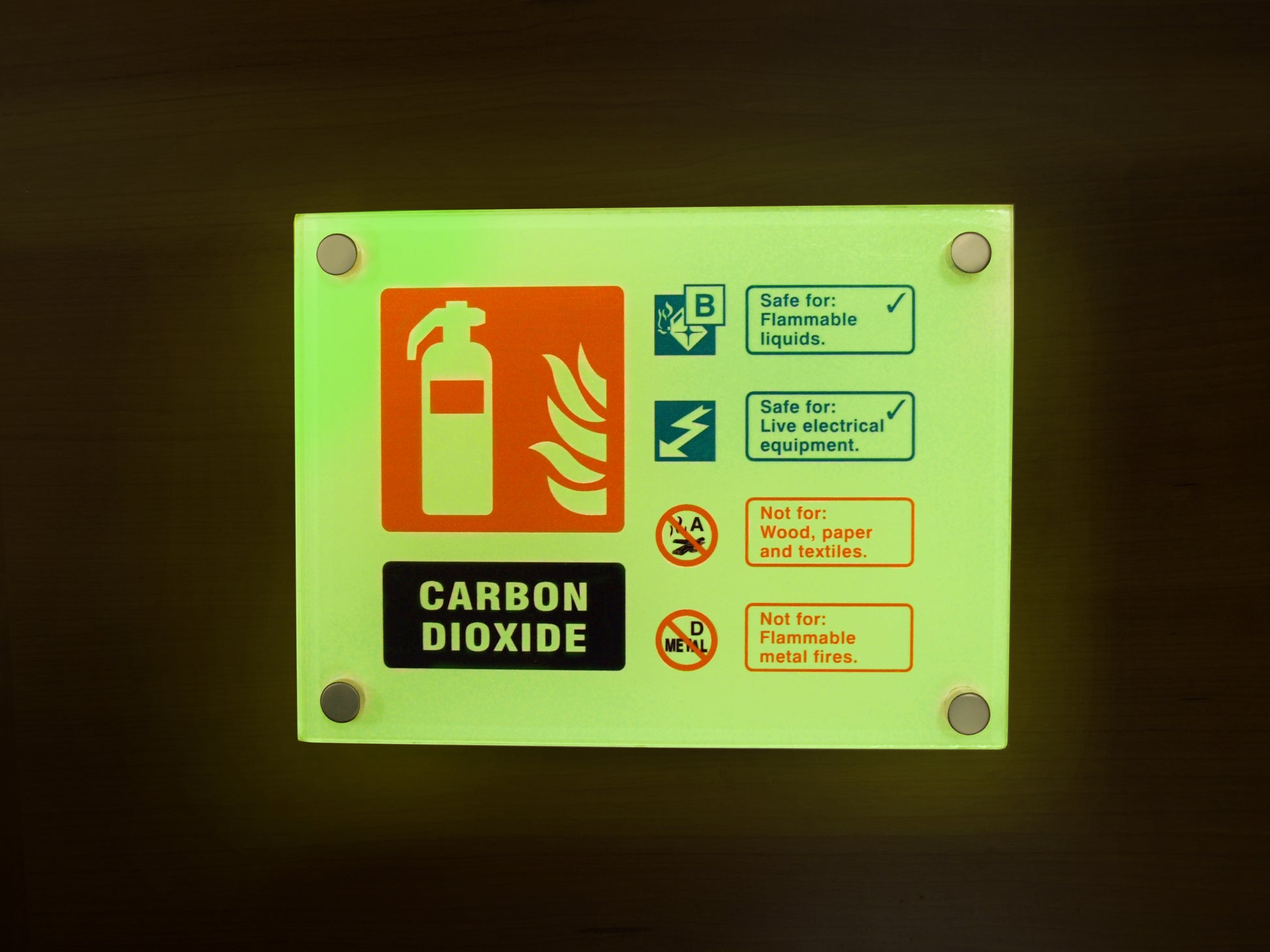 Fire ID - CO2 visual impact photoluminescent sign 200x150mm c/w stand off locators