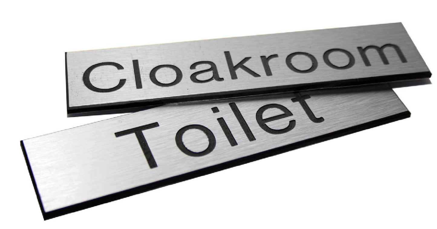 Engraved Sign with adhesive backing - 35x70mm Black text on aluminium effect