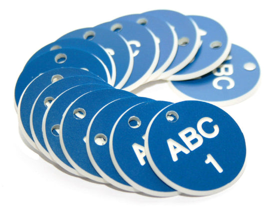 51502 27mm Engraved Valve Tags - 50 sequential numbers - (eg. 1-50) White text on red  (27mm dia)