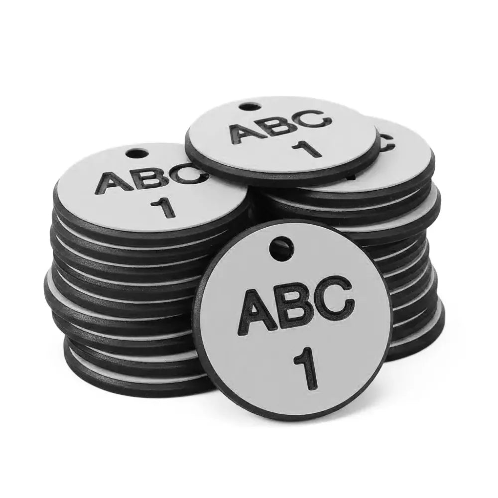 27mm Engraved Valve Tags - 50 sequential numbers with prefix - (eg. 1-50) White text on green