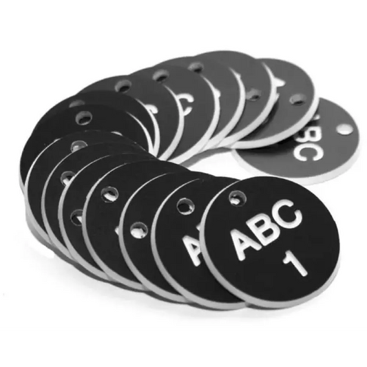 27mm Engraved Valve Tags - 50 sequential numbers with prefix - (eg. 1-50) White text on black