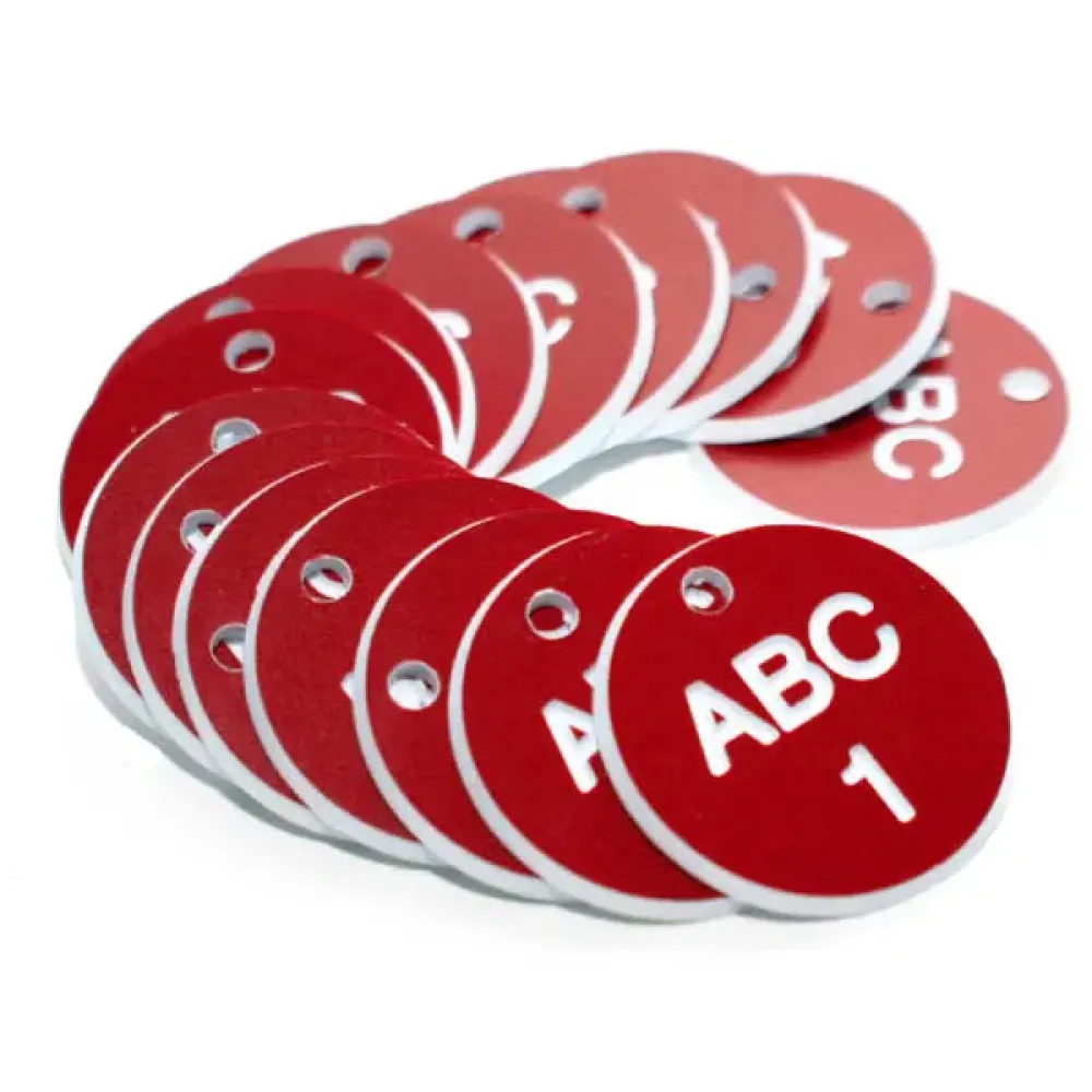 27mm Engraved Valve Tags - 50 sequential numbers with prefix - (eg. 1-50) White text on red